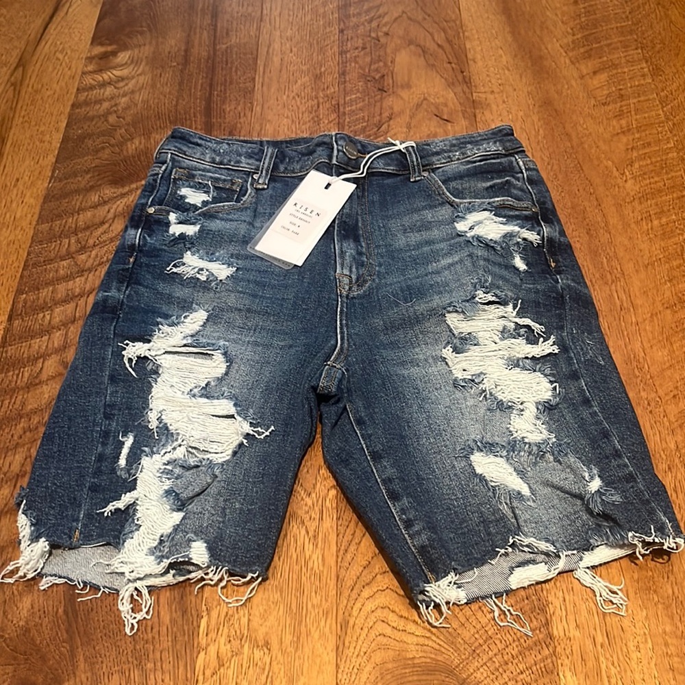 Distressed Dark Blue Jean Shorts - Women
